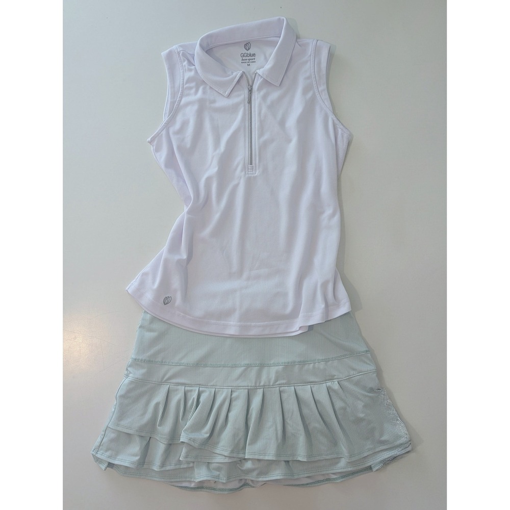 GGBlue White Sleeveless Polo & Lucky in Love Striped Pleated Skort Set Medium
